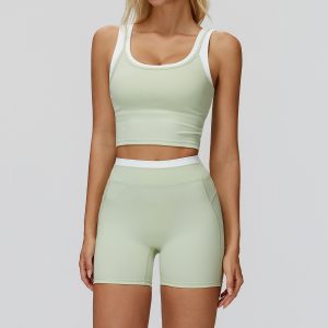 Womens 2 Piece Activewear Set, Contrast Trim Yoga Skort & Crop Tank, Mint Green