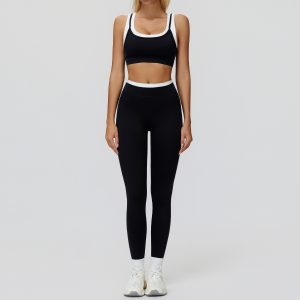 Women's 2 Piece Yoga Set, White Trim Crop Top + High Waist Leggings, Black