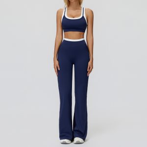 2 Piece Flare Leg Yoga Set, Sports Bra + High Waist Bootcut Pants, Navy Blue