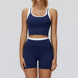 Women's 2 Piece Workout Set, High Waist Yoga Skort & Sports Tank, Navy Blue