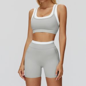 2 Piece Workout Set, White Trim Sports Bra + High Waist Biker Shorts, Light Gray