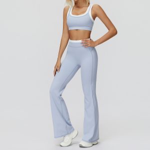Women's Co-ord Gym Set, Contrast Trim Sports Bra + Flare Leggings, Light Blue
