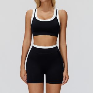 2 Piece Contrast Trim Workout Set, Sports Bra + High Waist Biker Shorts, Black