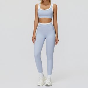 Women's Workout Leggings Set, White Trim Crop Top + High Waist Pants, Light Blue
