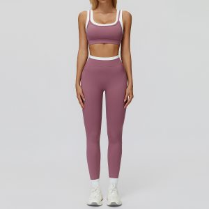 Women's Co-ord Gym Set, White Trim Crop Top + High Waist Leggings, Dusty Purple