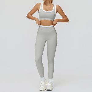 2 Piece Yoga Leggings Set, Contrast Trim Sports Bra + Full-Length Pants, Light Gray