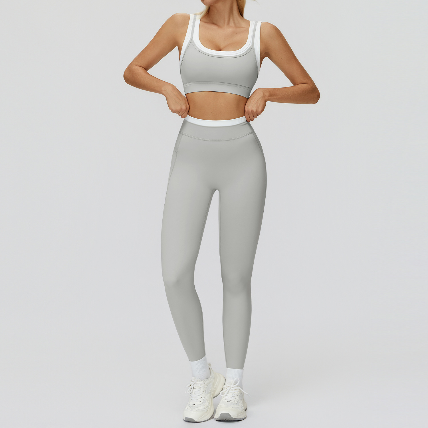 2 Piece Yoga Leggings Set, Contrast Trim Sports Bra + Full-Length Pants, Light Gray