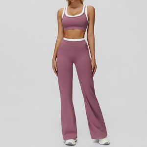 Women's 2 Piece Workout Outfit, Contrast Trim Crop Top + Flare Leggings, Dusty Purple