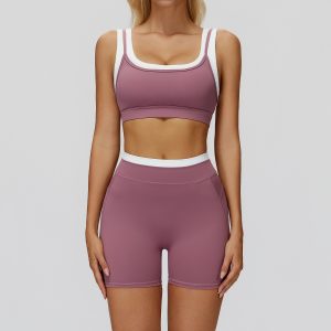 Women's Co-ord Gym Set, Contrast Trim Sports Bra + Compression Shorts, Dusty Purple