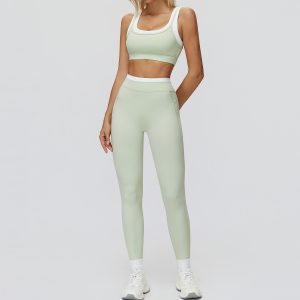 2 Piece High Waist Leggings Set, Contrast Trim Sports Bra + Full-Length Pants, Mint Green