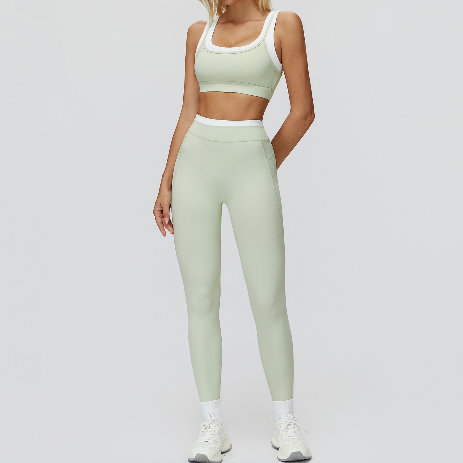 2 Piece High Waist Leggings Set, Contrast Trim Sports Bra + Full-Length Pants, Mint Green