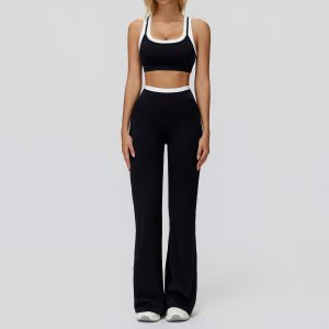 Women's Co-ord Gym Set, Contrast Trim Sports Bra + Flare Leggings, Black