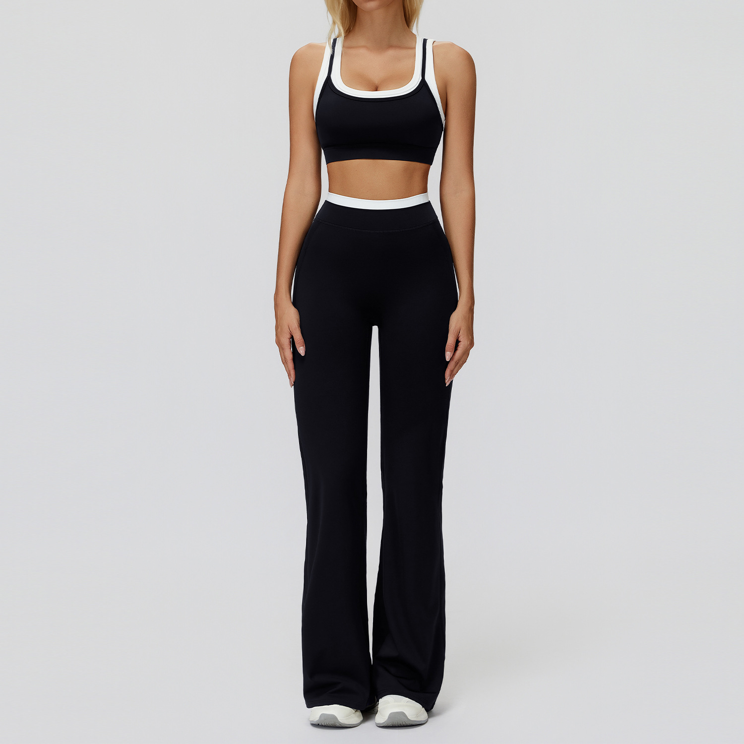 Women's Co-ord Gym Set, Contrast Trim Sports Bra + Flare Leggings, Black