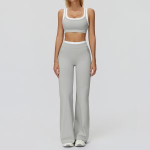 High Waist Flare Yoga Pants Set, White Trim Sports Bra + Bootcut Leggings, Light Gray