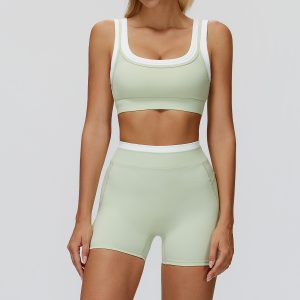 Women's 2 Piece Contrast Trim Yoga Set, Sports Bra + High Waist Biker Shorts, Mint Green